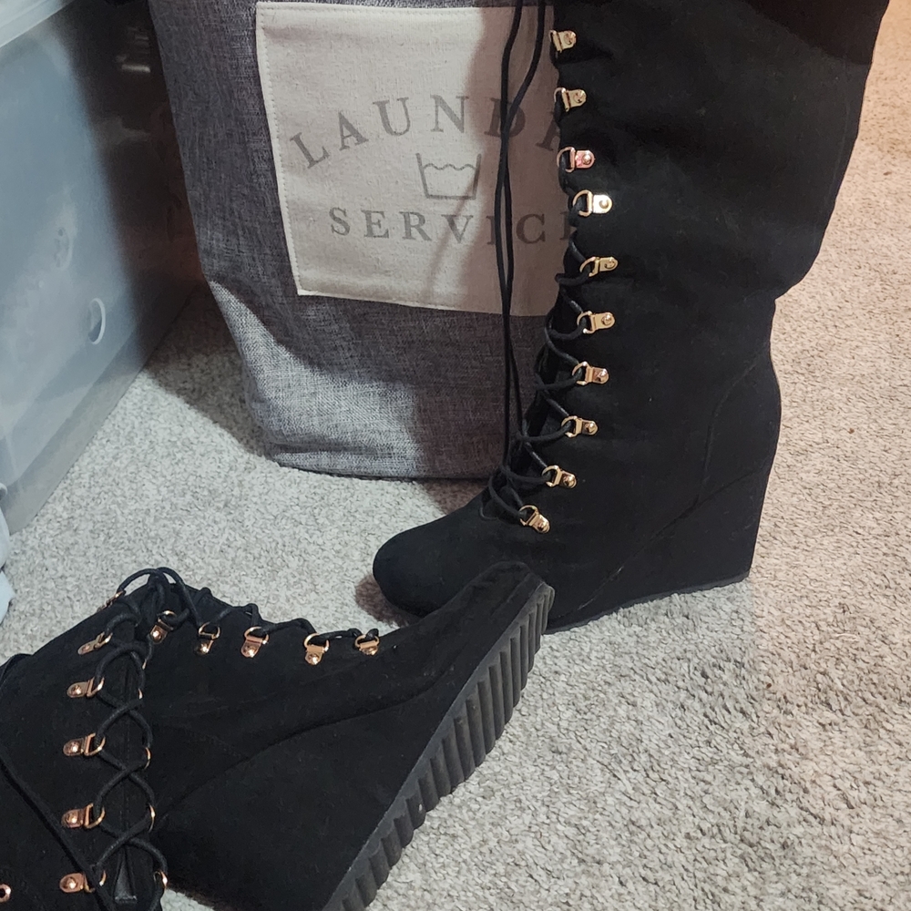JustFab Black Lace-Up Boots with Gold Accents